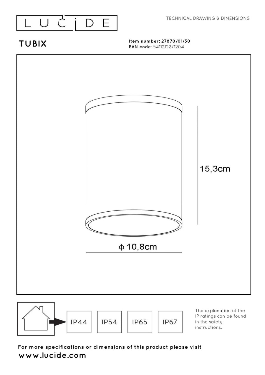 Lucide TUBIX plafondspot voor binnen en buiten Ø 10,8 cm, E27, IP54, antraciet
