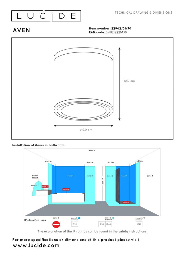 Lucide AVEN plafondspot voor de badkamer Ø 9 cm, GU10, IP65, zwart