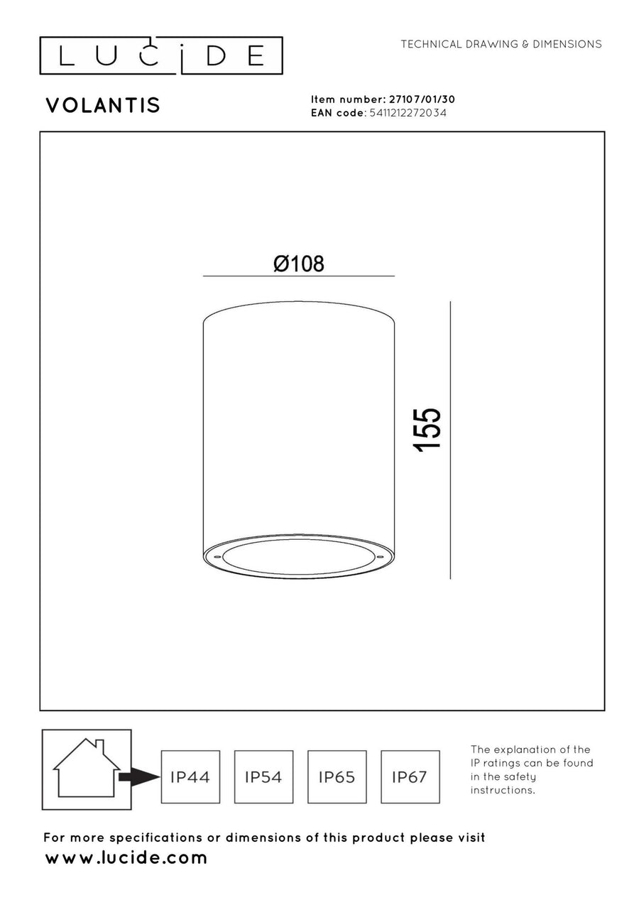 Lucide VOLANTIS plafondspot voor binnen en buiten Ø 10,8 cm, E27, IP54, zwart
