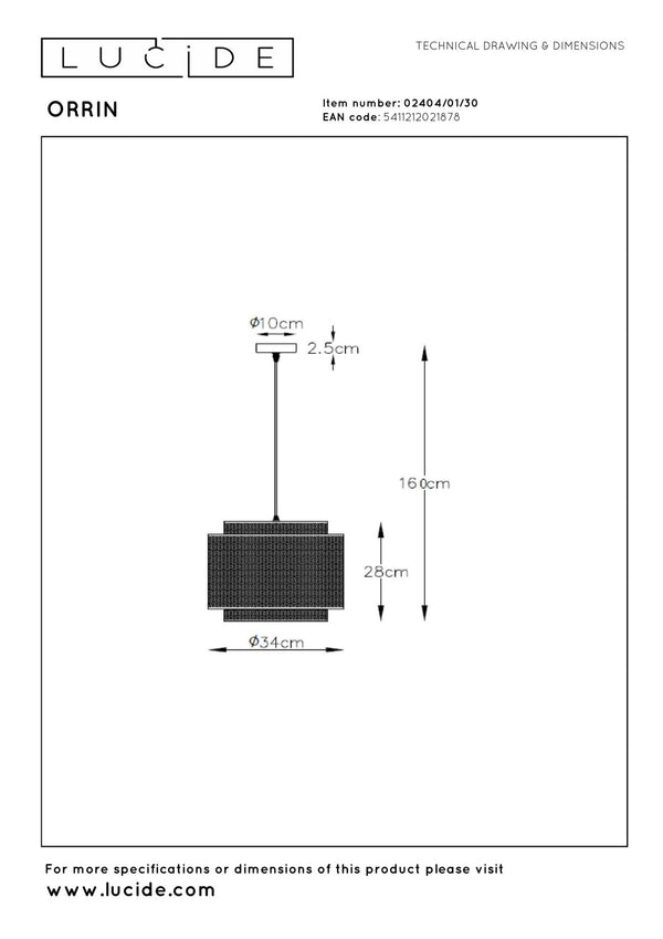 Lucide ORRIN hanglamp Ø 34 cm, E27, zwart