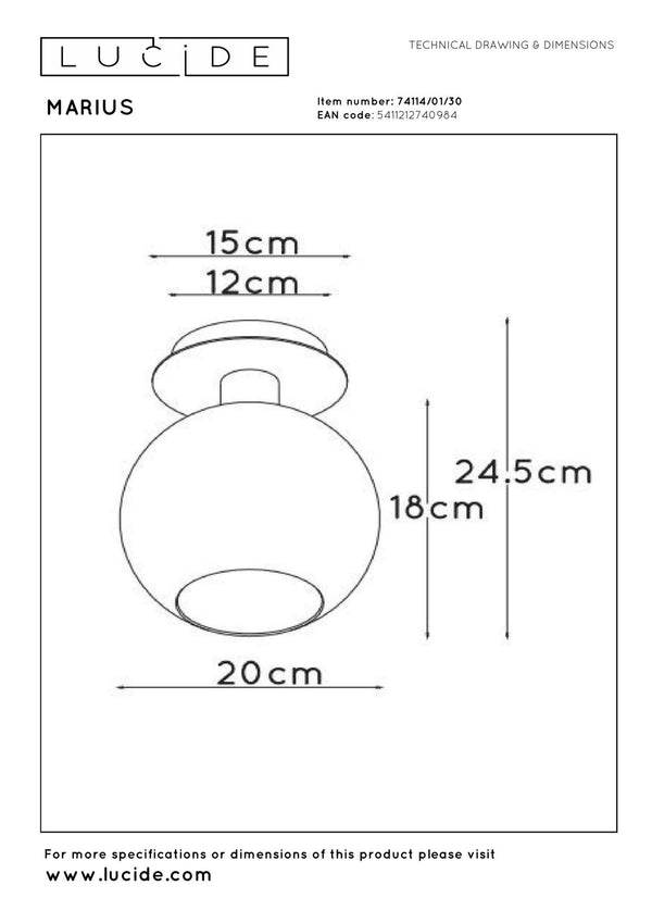 Lucide MARIUS plafondlamp E27, zwart