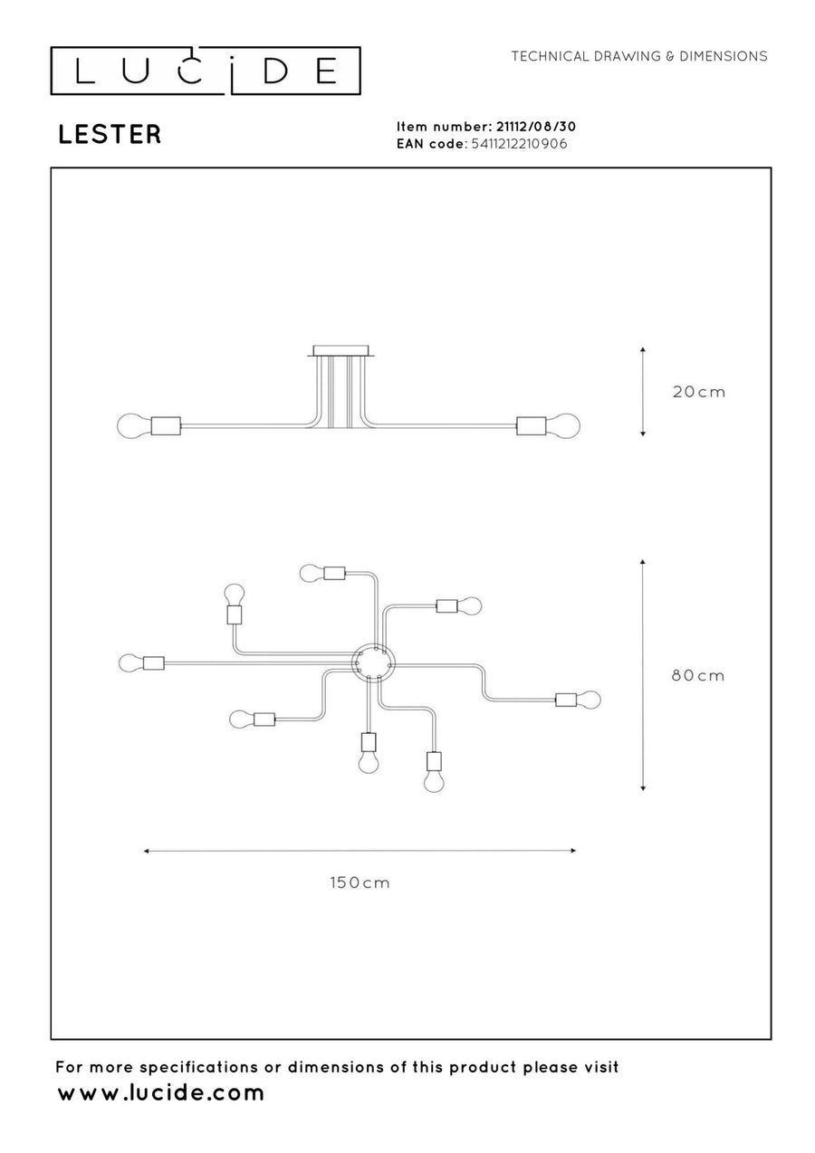 Lucide LESTER plafondlamp 8 × E27, zwart