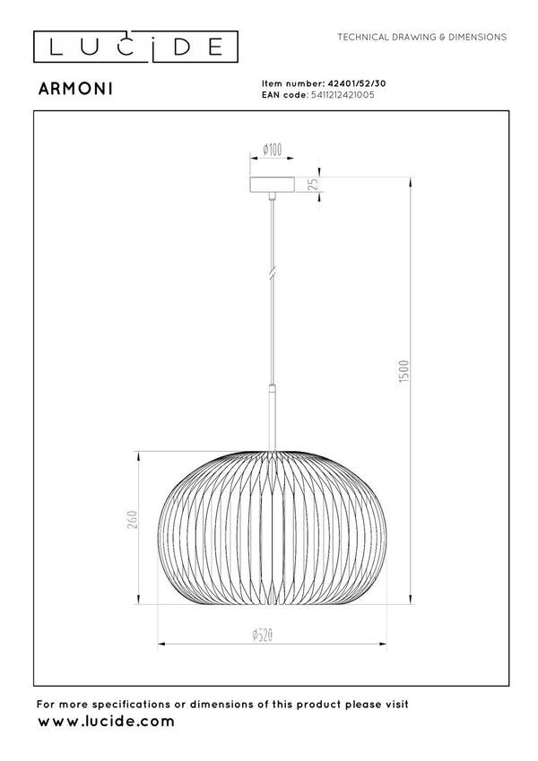 Lucide ARMONI hanglamp Ø 52 cm, E27, zwart