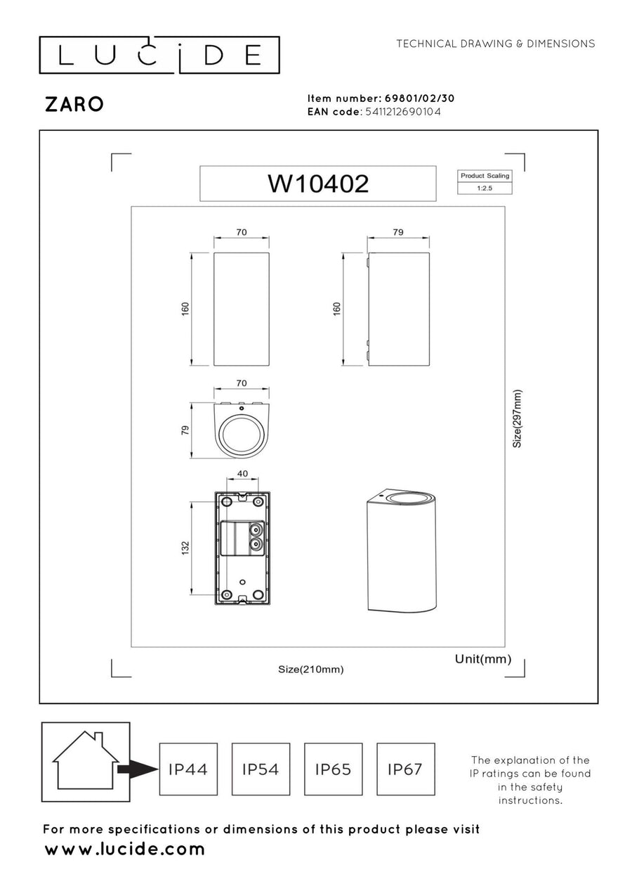 Lucide ZARO wandspot voor binnen en buiten 2 × GU10, IP44, zwart