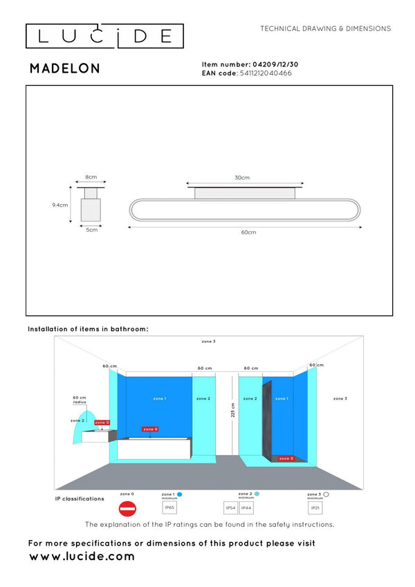 Lucide MADELON LED-wandlamp voor de badkamer 9 W, IP44, zwart