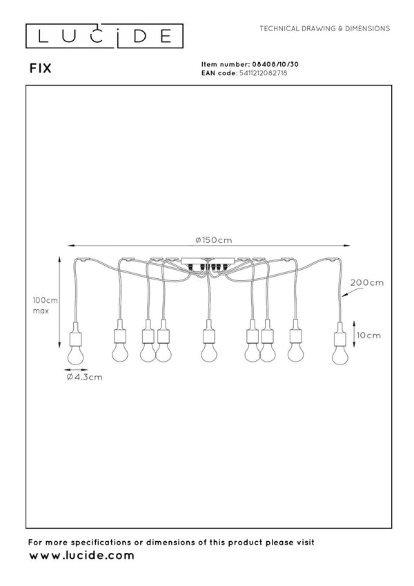 Lucide FIX hanglamp 10 × E27, zwart