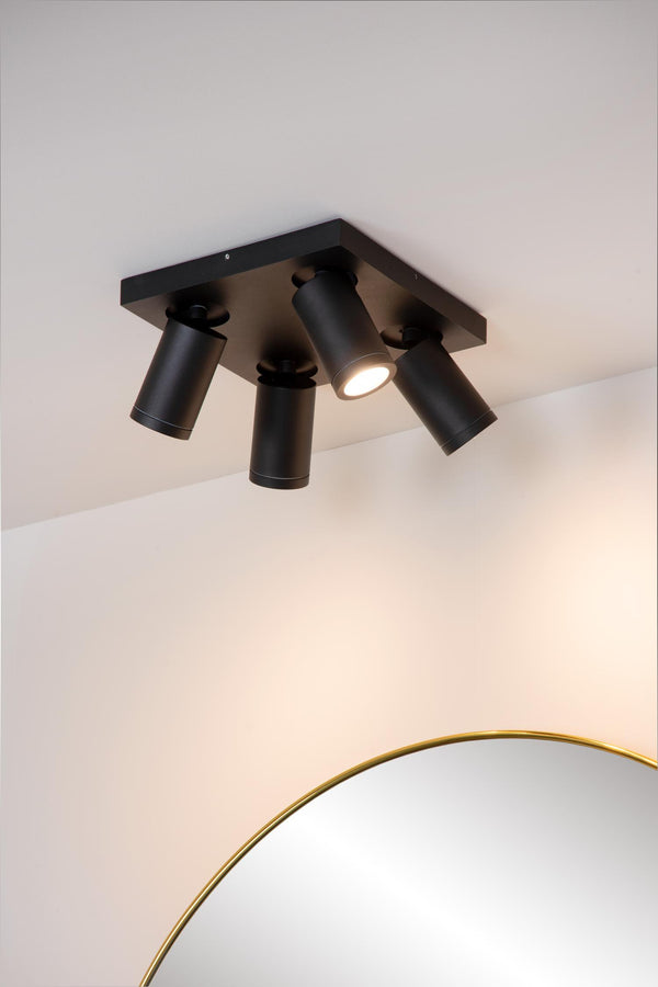 Lucide TAYLOR dimbare LED-plafondspot voor de badkamer 4 × GU10, 4 × 5 W, IP44, 2200–3000 K, zwart