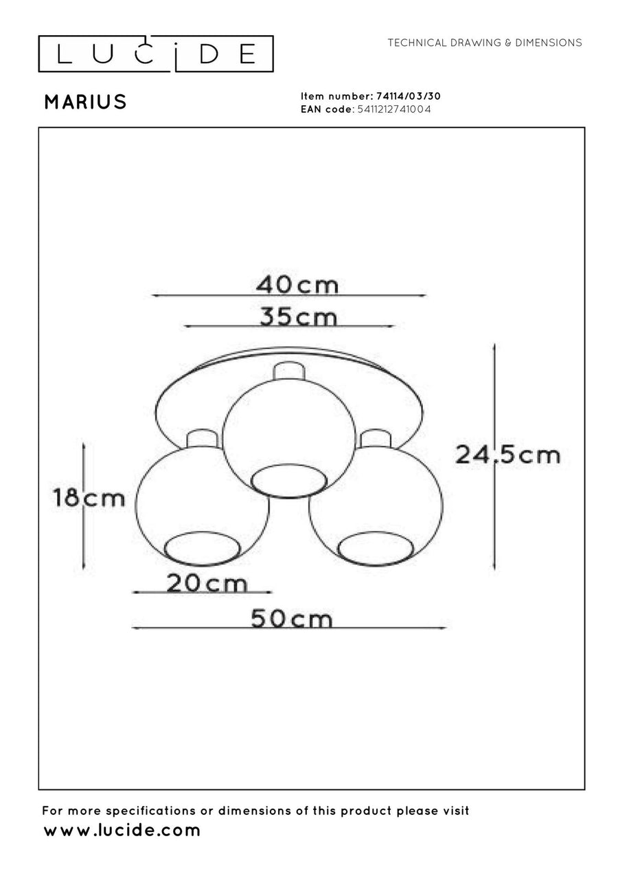 Lucide MARIUS plafondlamp 3 × E27, zwart
