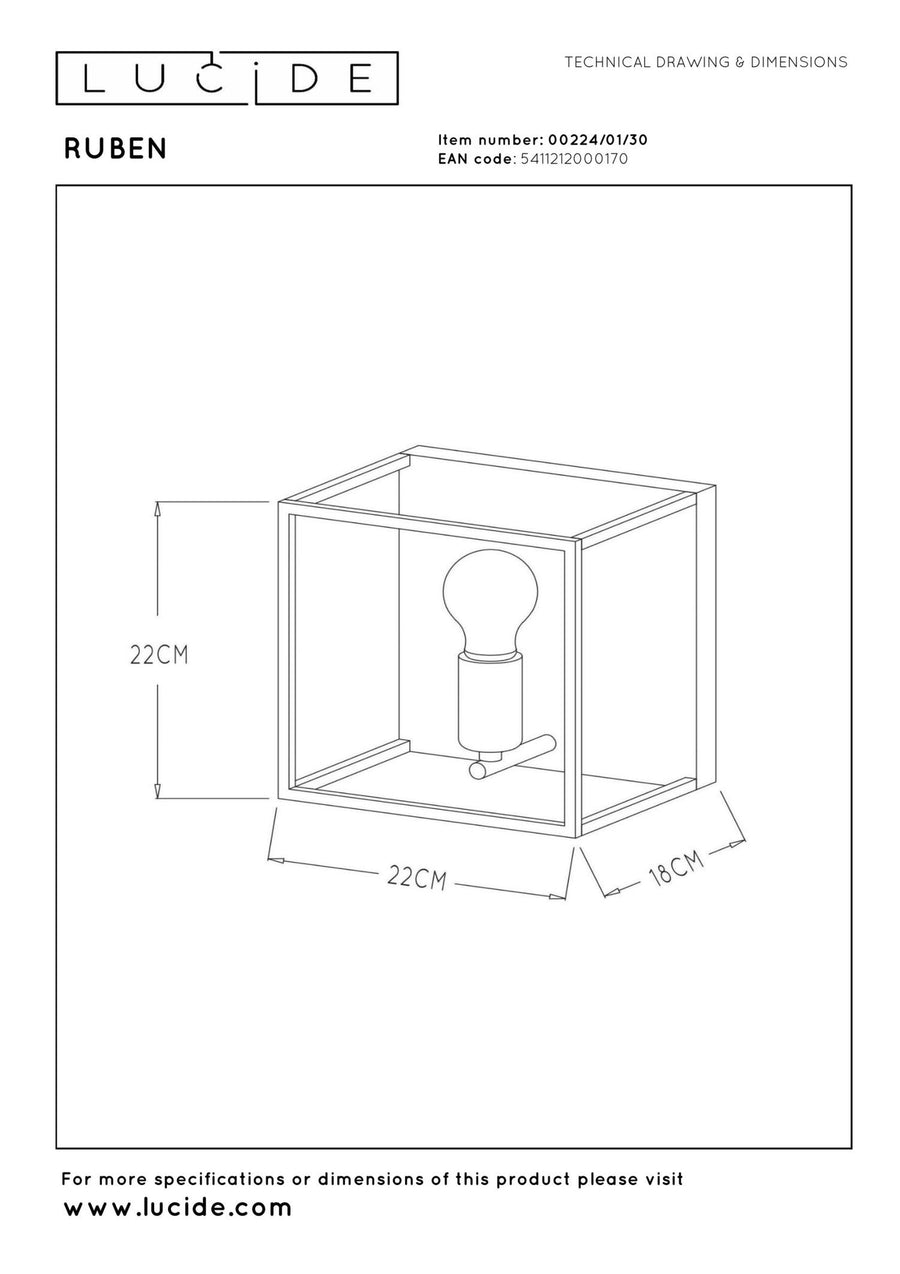 Lucide RUBEN wandlamp E27, zwart