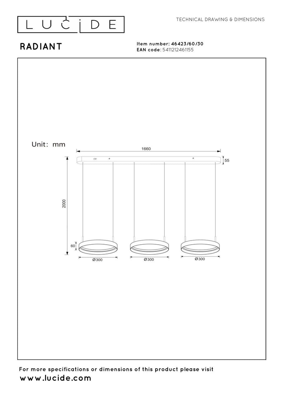 Lucide RADIANT dimbare LED-hanglamp 3 × 18,6 W, 2200–3000 K, zwart