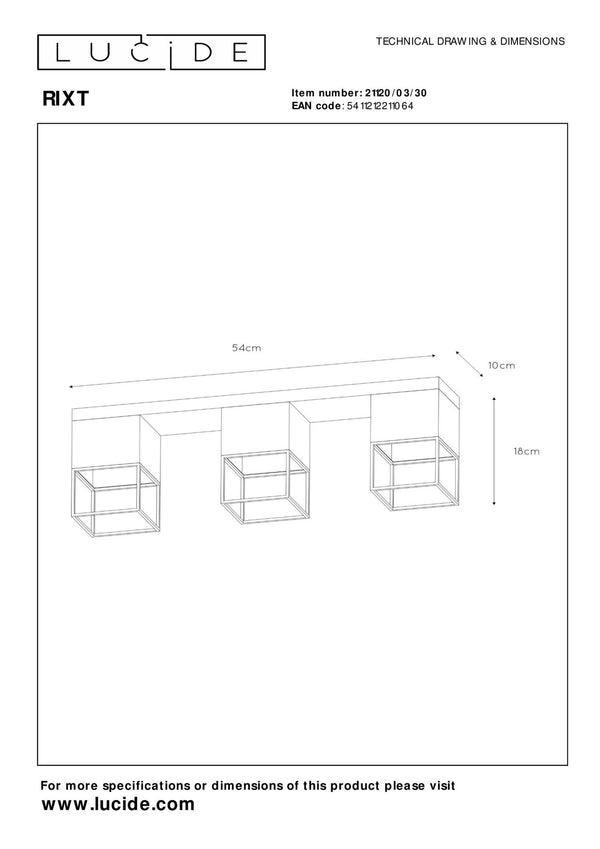 Lucide RIXT plafondlamp 3 × E27, zwart