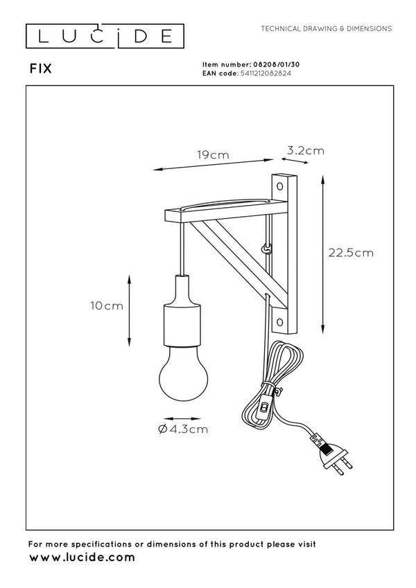 Lucide FIX wandlamp E27, zwart