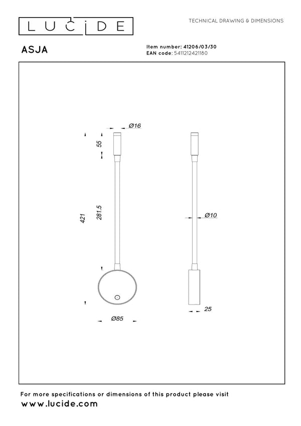 Lucide ASJA oplaadbare LED-wandspot met 3 dimstanden, 3 W, zwart