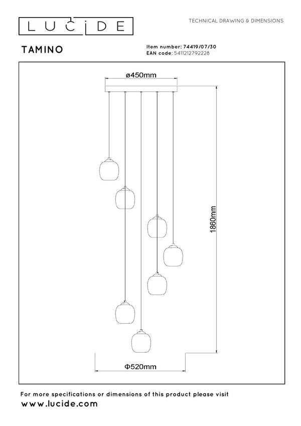 Lucide TAMINO dimbare LED-hanglamp Ø 52 cm, 7 × 5,3 W, zwart