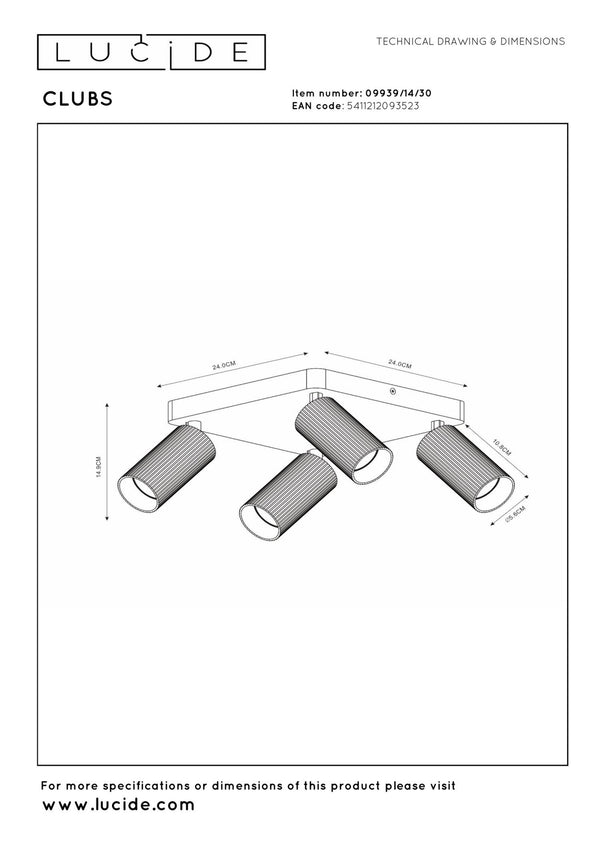 Lucide CLUBS plafondspot 4 × GU10, zwart