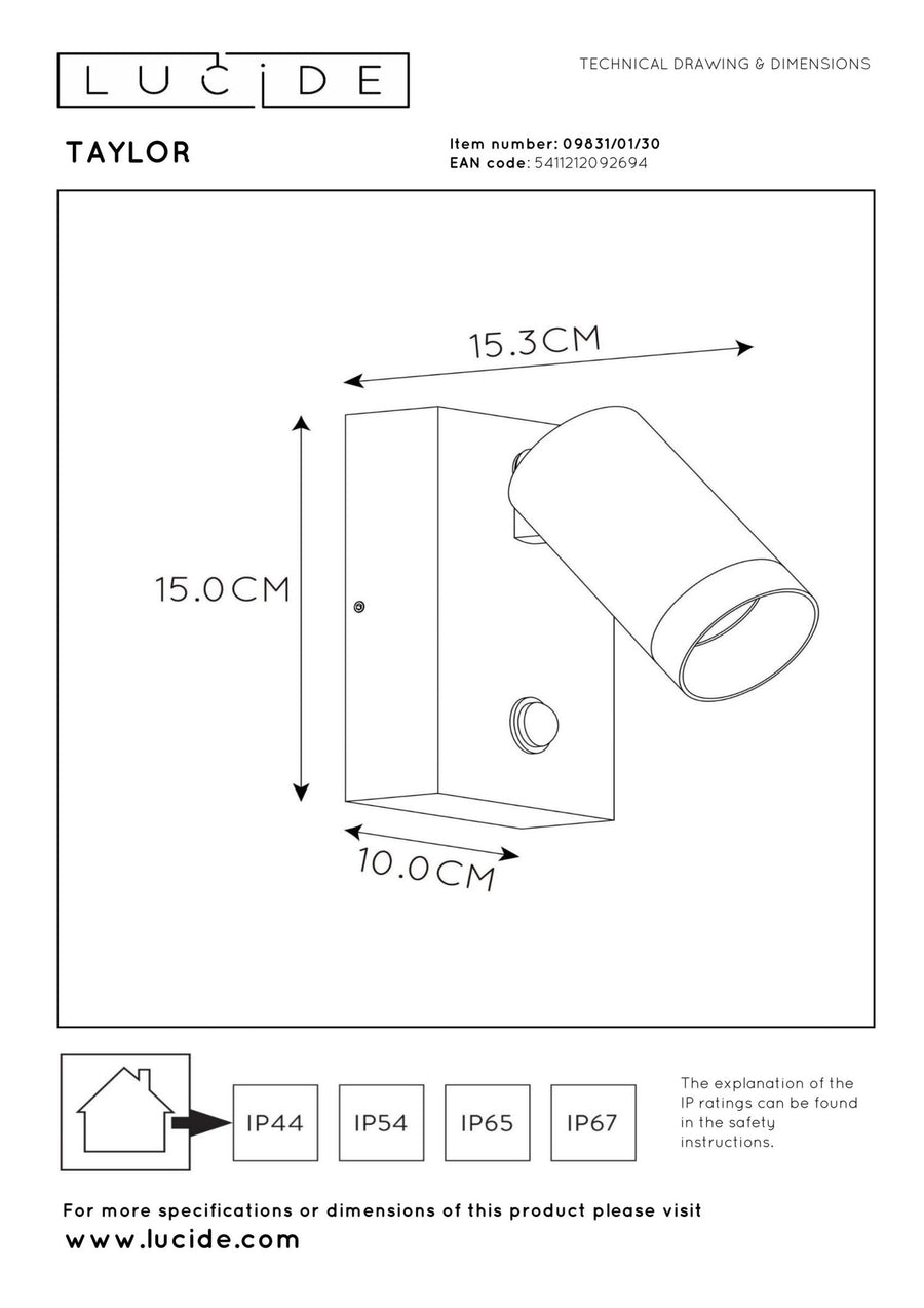 Lucide TAYLOR wandspot voor binnen en buiten met bewegingssensor GU10, IP54, zwart
