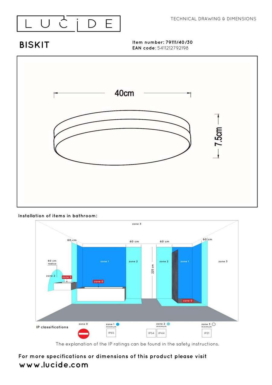 Lucide BISKIT LED-plafondlamp voor de badkamer met bewegingssensor Ø 40 cm, 36 W, IP44, zwart