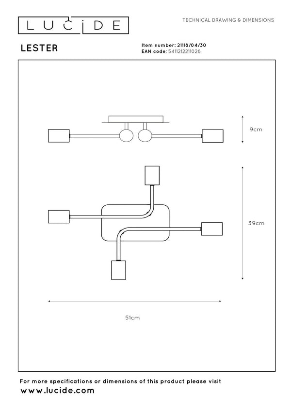 Lucide LESTER plafondlamp 4 × E27, zwart
