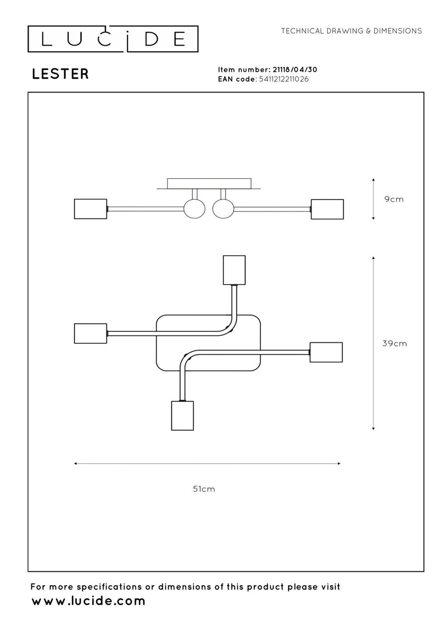 Lucide LESTER plafondlamp 4 × E27, zwart
