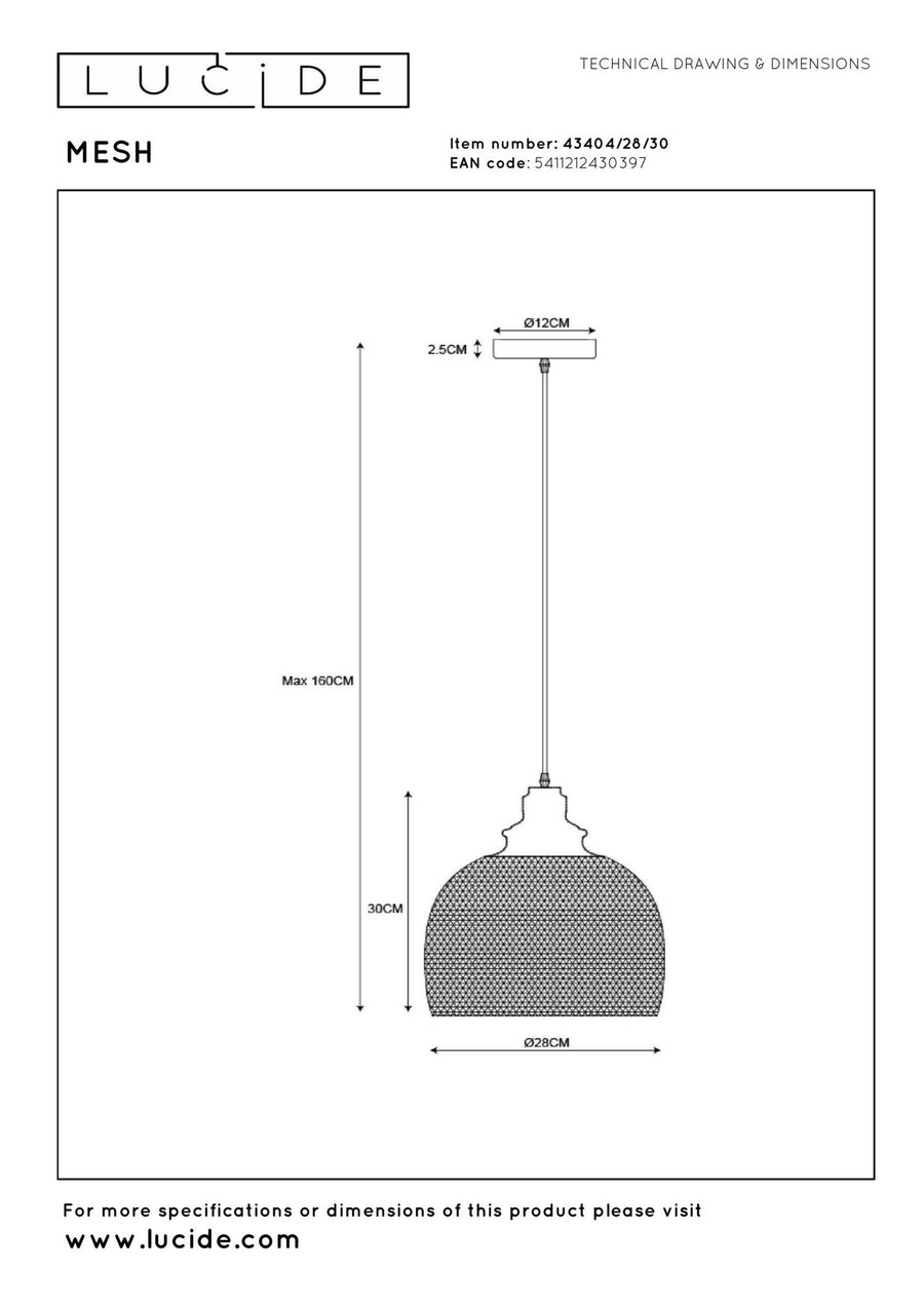 Lucide MESH hanglamp Ø 28 cm, E27, zwart