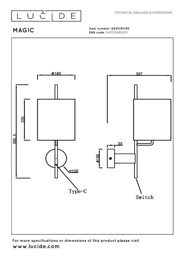 Lucide MAGIC wandlamp E27, met USB-poort, zwart