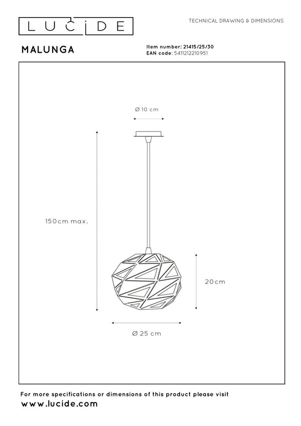 Lucide MALUNGA hanglamp Ø 25 cm, E27, zwart