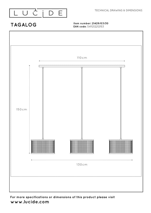 Lucide TAGALOG hanglamp Ø 40 cm, 3 × E27, zwart