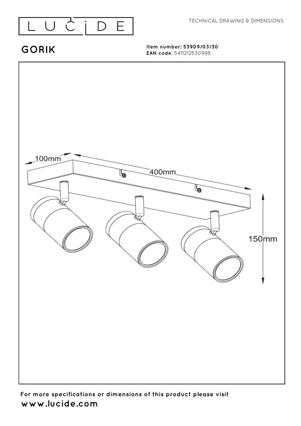 Lucide GORIK plafondspot 3 × GU10, zwart