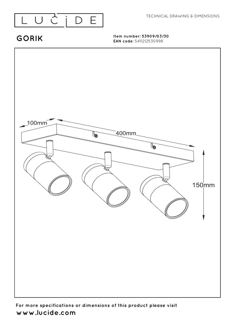 Lucide GORIK plafondspot 3 × GU10, zwart