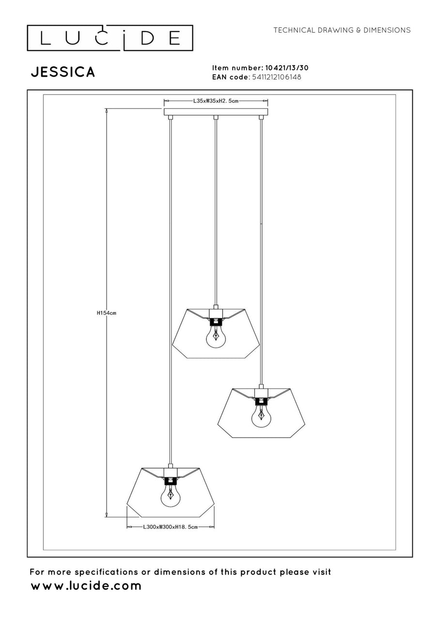 Lucide JESSICA hanglamp Ø 35,5 cm, 3 × E27, zwart