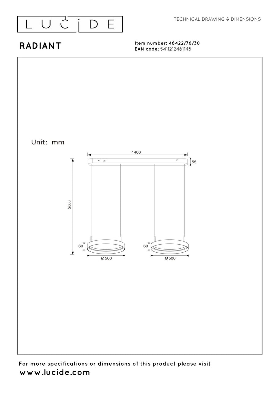 Lucide RADIANT dimbare LED-hanglamp 2 × 38 W, 2200–3000 K, zwart