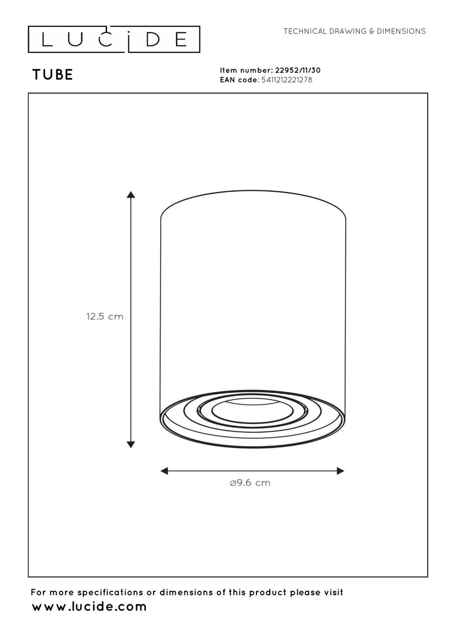 Lucide TUBE plafondspot Ø 9,6 cm, GU10, zwart