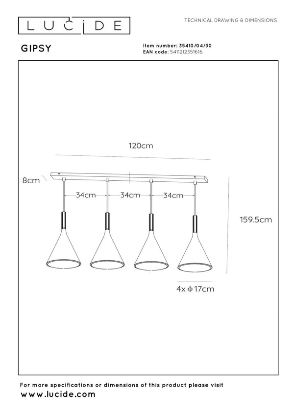Lucide GIPSY hanglamp 4 × E27, zwart