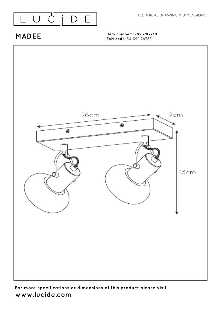 Lucide MADEE plafondspot 2 × E14, zwart