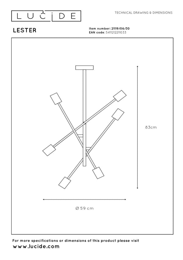 Lucide LESTER plafondlamp 6 × E27, zwart