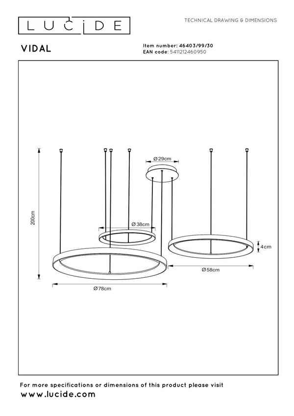 Lucide VIDAL dimbare LED-hanglamp Ø 78 cm, 120 W, zwart