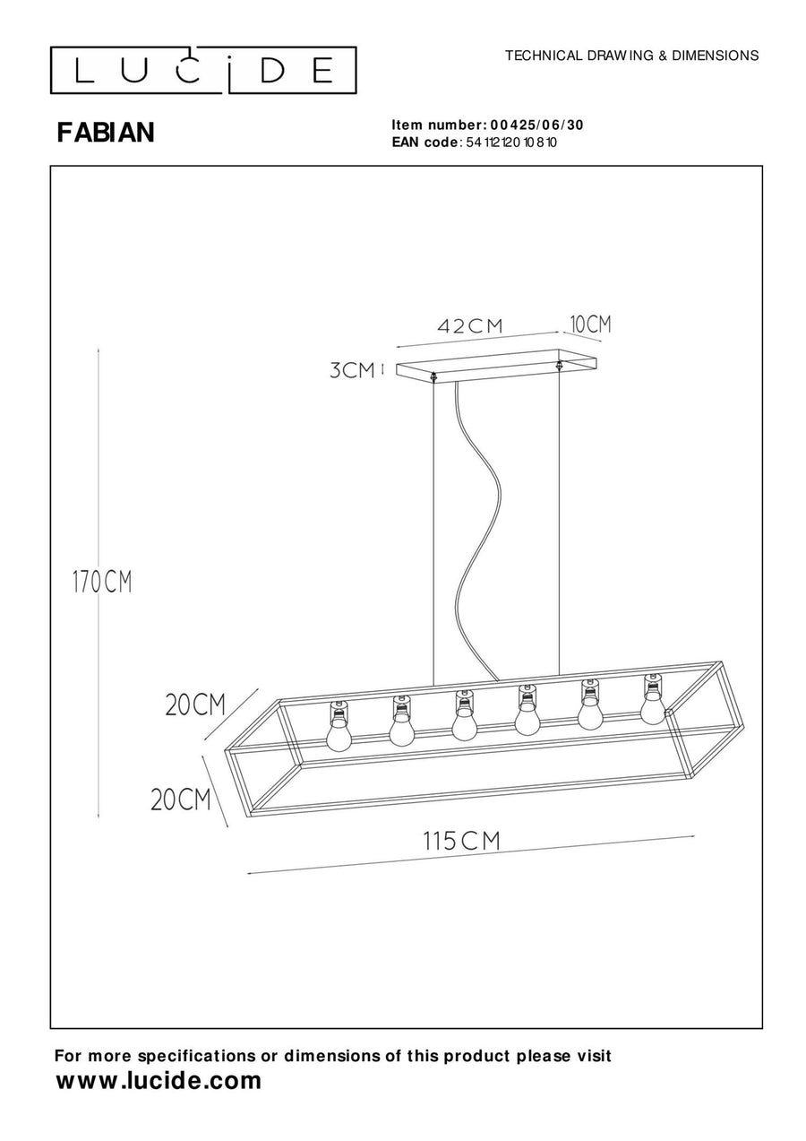 Lucide FABIAN hanglamp 6 × E27, zwart