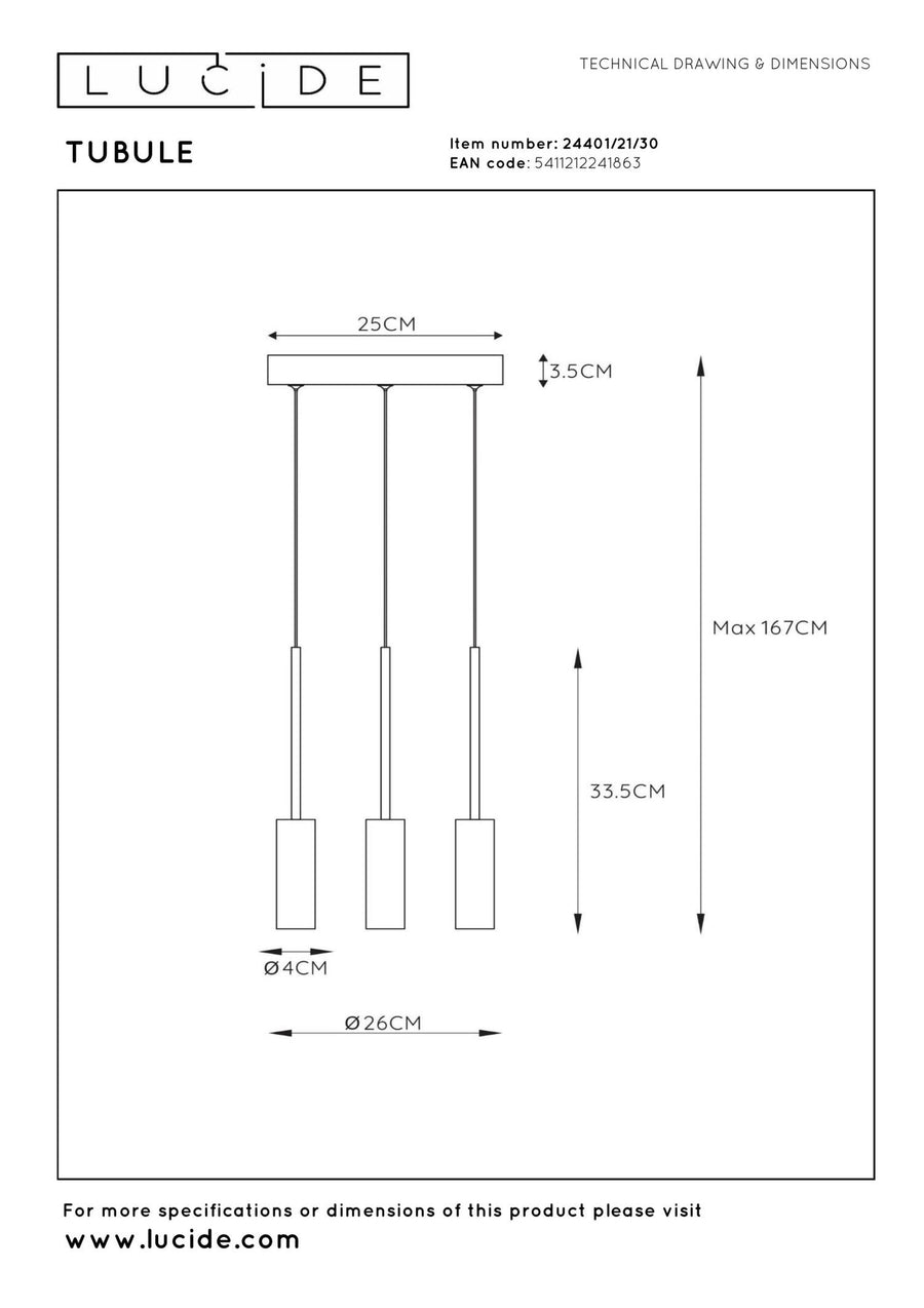 Lucide TUBULE LED-hanglamp Ø 26 cm, 3 × 7 W, zwart