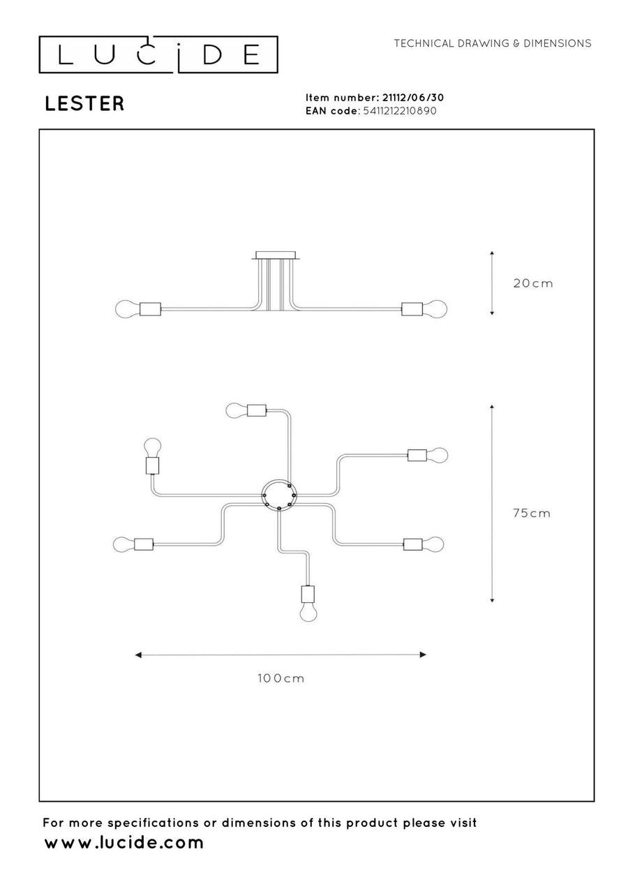 Lucide LESTER plafondlamp 6 × E27, zwart