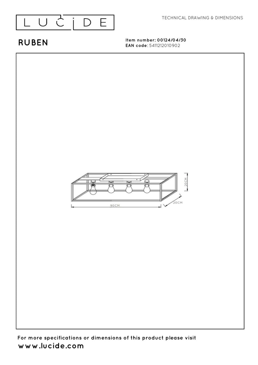 Lucide RUBEN plafondlamp 4 × E27, zwart