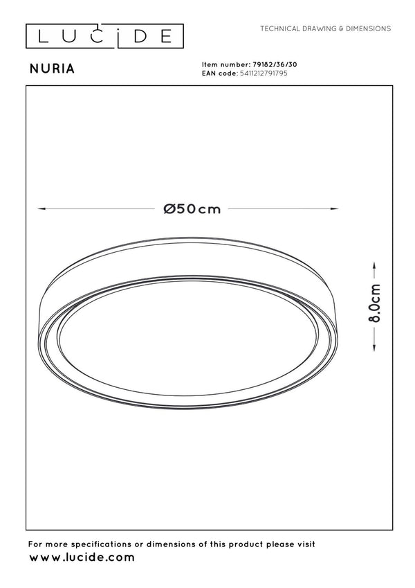 Lucide NURIA dimbare LED-plafondlamp met 3 dimstanden, Ø 50 cm, 36 W, zwart