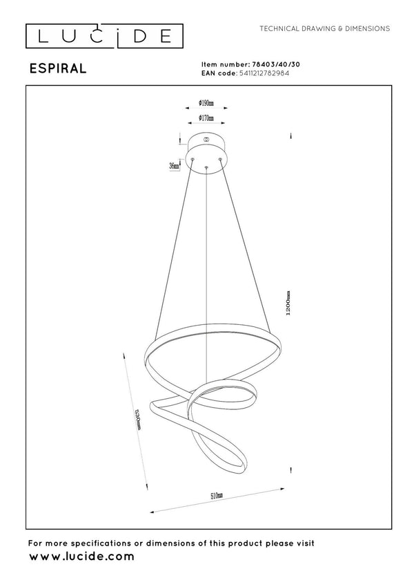 Lucide ESPIRAL dimbare LED-hanglamp 40 W, 2700–4000 K, zwart