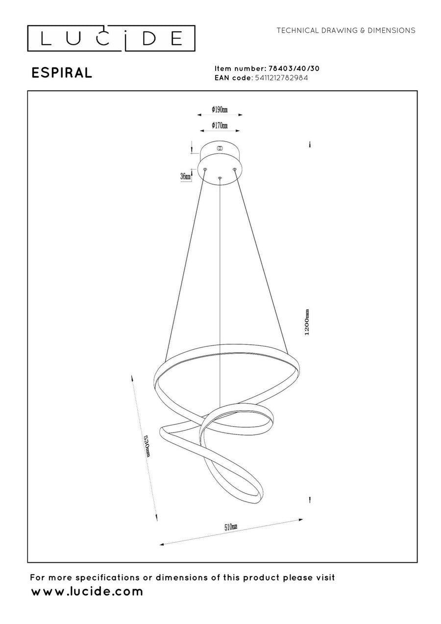 Lucide ESPIRAL dimbare LED-hanglamp 40 W, 2700–4000 K, zwart