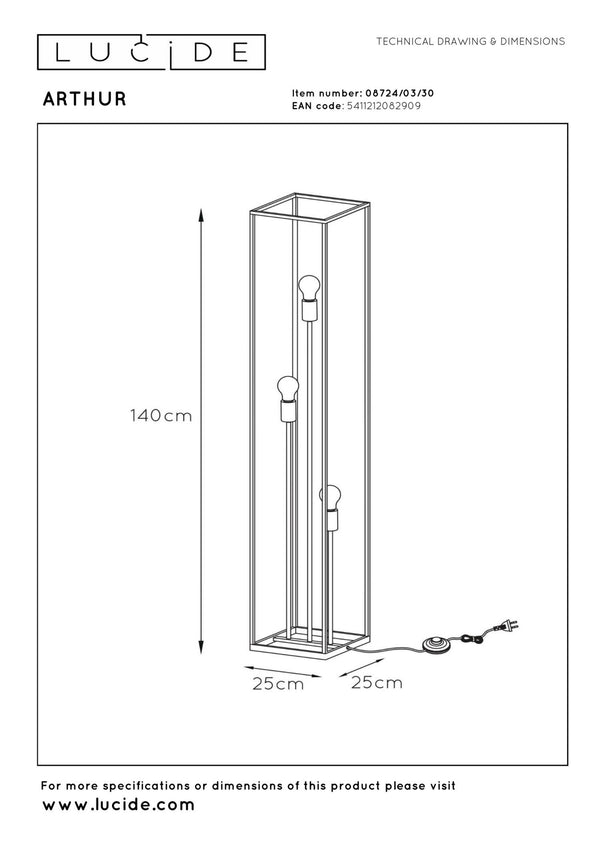 Lucide ARTHUR vloerlamp 3 × E27, zwart