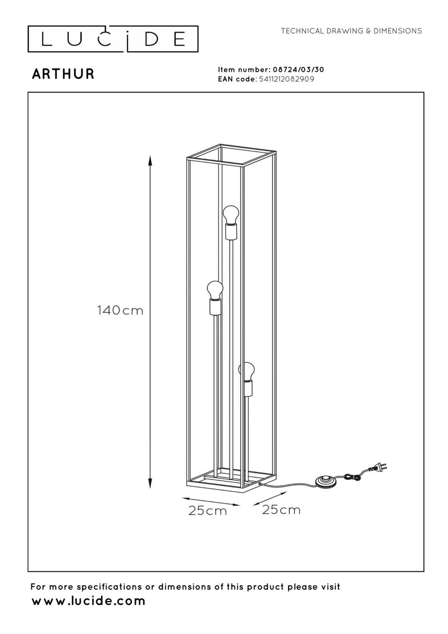 Lucide ARTHUR vloerlamp 3 × E27, zwart