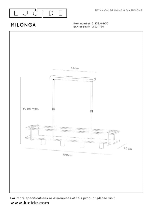 Lucide MILONGA hanglamp 4 × E27, zwart
