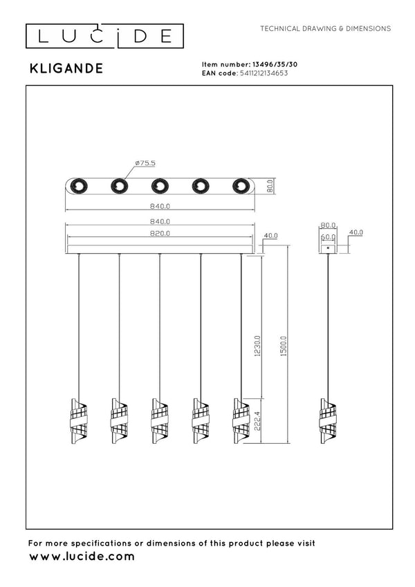 Lucide KLIGANDE dimbare LED-hanglamp 5 × 7,8 W, zwart