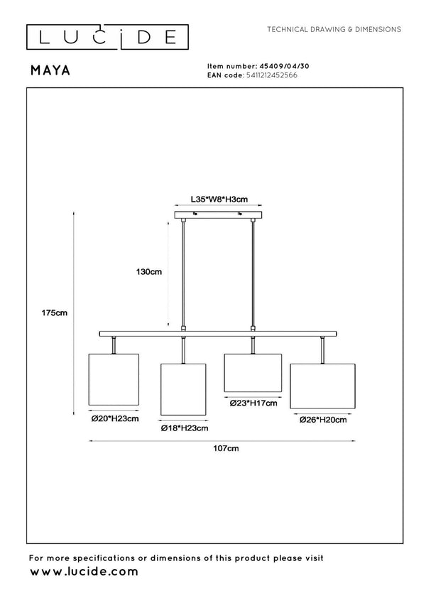 Lucide MAYA hanglamp 4 × E27, zwart