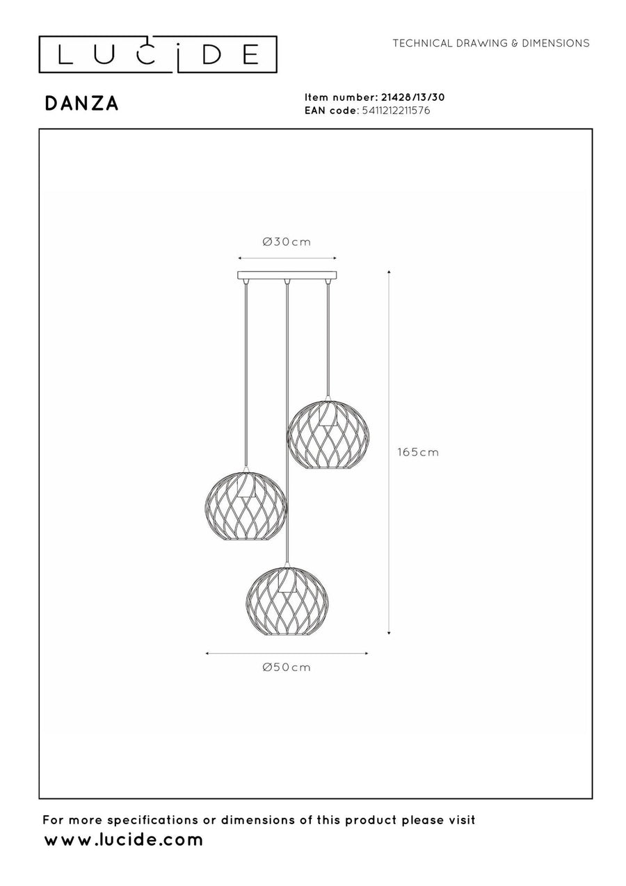 Lucide DANZA hanglamp Ø 50 cm, 3 × E27, zwart