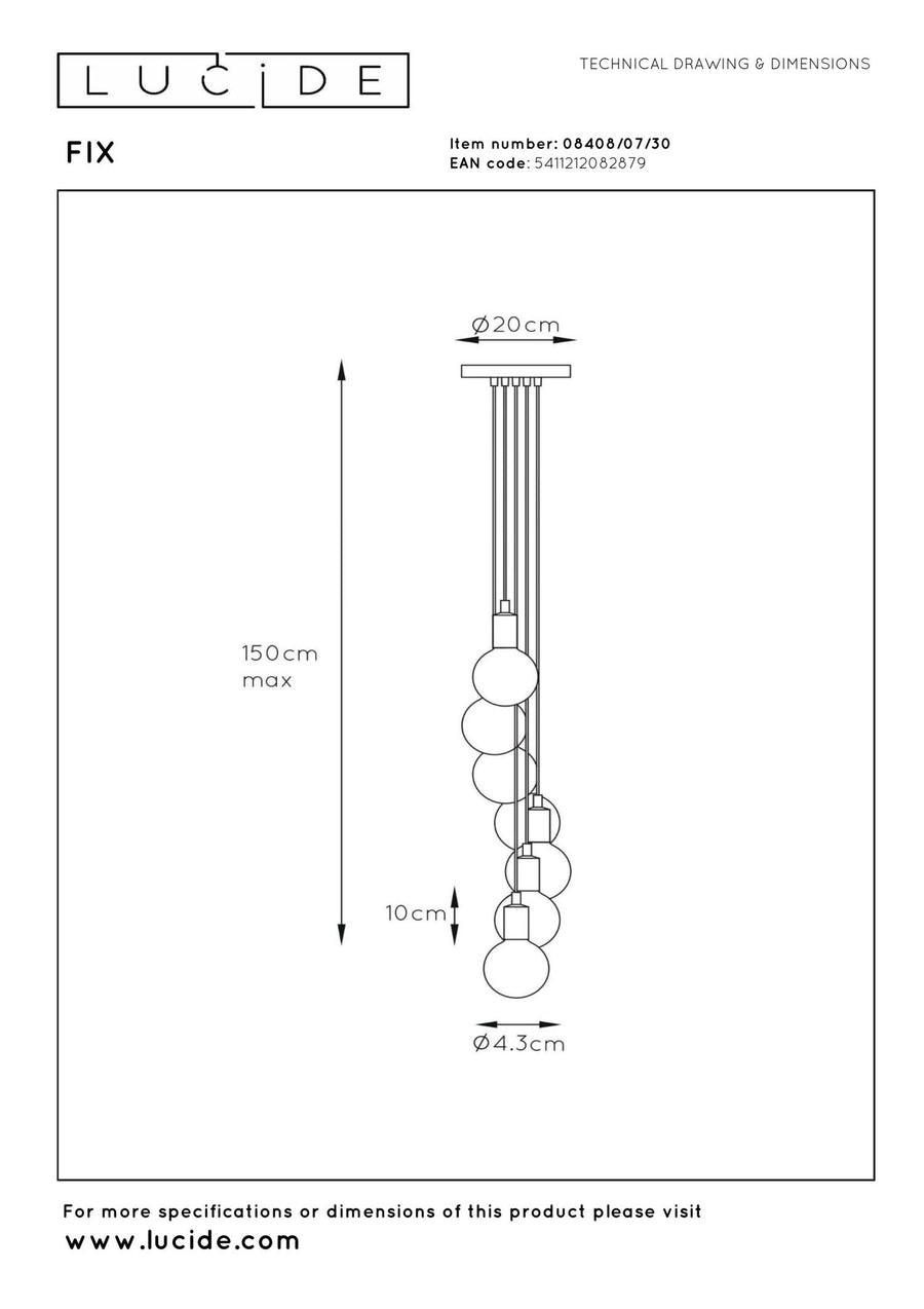 Lucide FIX hanglamp 7 × E27, zwart